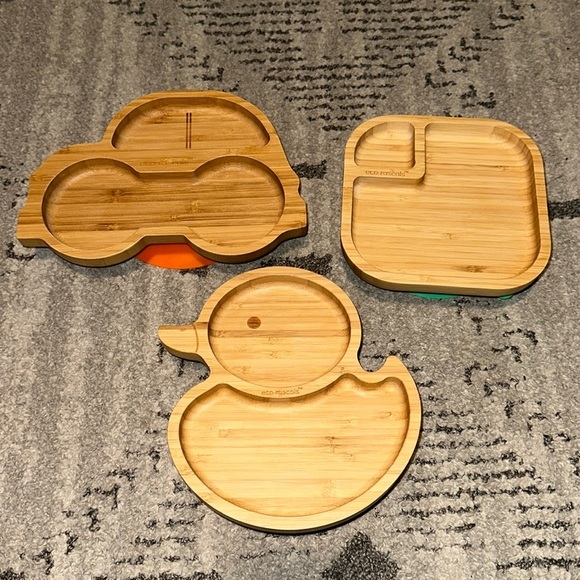 Lot of 3 Eco Rascals Bamboo Suction Plates- Car, Duck and Square - Picture 1 of 2